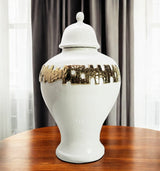 18" White and Gold Urn Ceramic Ginger Jar With Sculptural Details