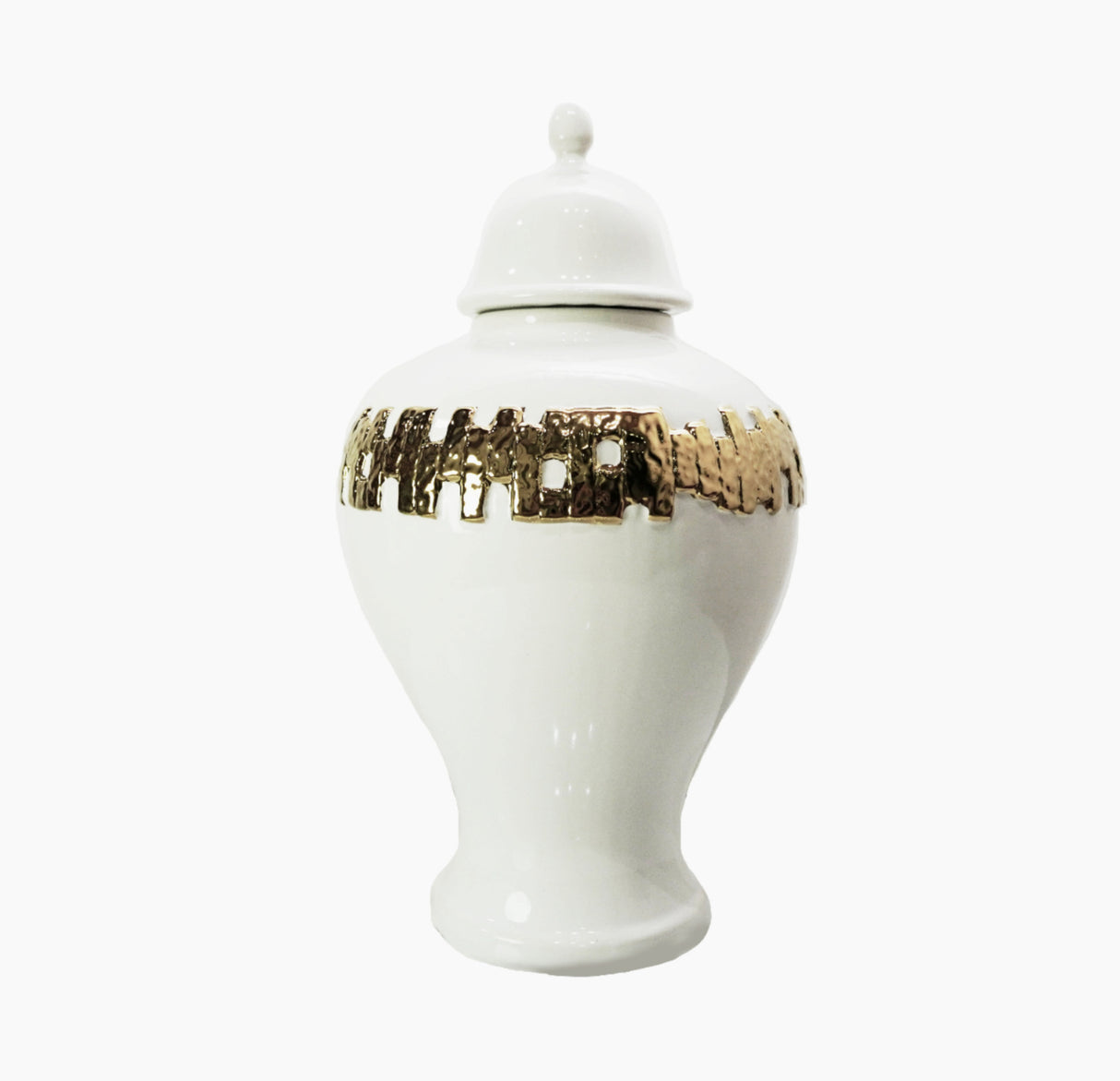 18" White and Gold Urn Ceramic Ginger Jar With Sculptural Details