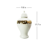 18" White and Gold Urn Ceramic Ginger Jar With Sculptural Details