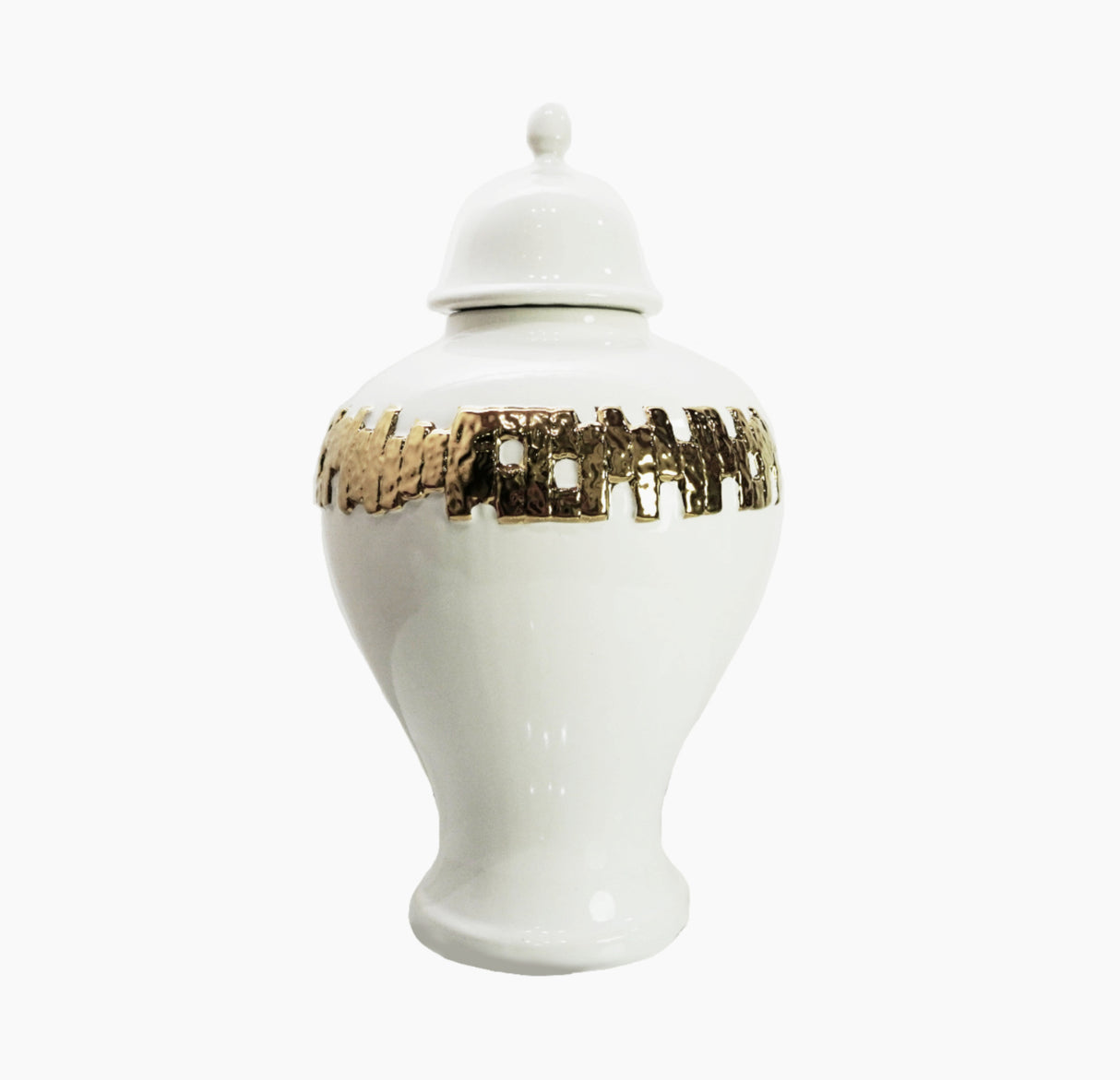 18" White and Gold Urn Ceramic Ginger Jar With Sculptural Details