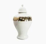 18" White and Gold Urn Ceramic Ginger Jar With Sculptural Details