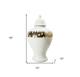 18" White and Gold Urn Ceramic Ginger Jar With Sculptural Details