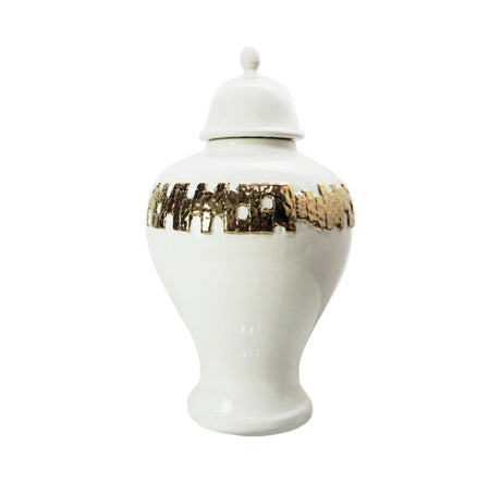 18" White and Gold Urn Ceramic Ginger Jar With Sculptural Details