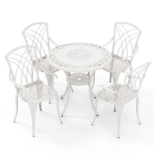5 Piece Patio Bistro Table Chair Set with Umbrella Hole and Aluminum Frame-White