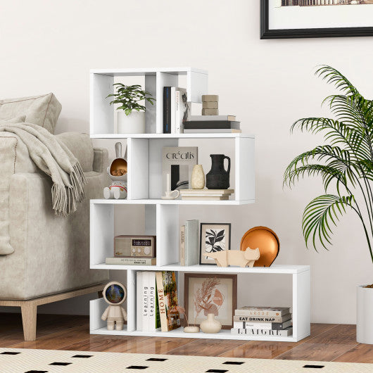 5-Tier S-Shaped Bookshelf Geometric Z-Shelf Bookcase with Open Cubes-White