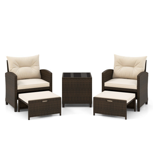 5 Pieces Patio Rattan Furniture with 2 Ottomans and Tempered Glass Coffee Table-Beige