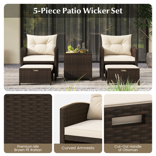 5 Pieces Patio Rattan Furniture with 2 Ottomans and Tempered Glass Coffee Table-Beige