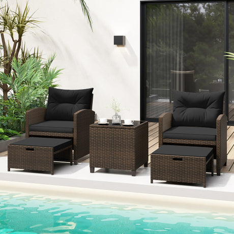 5 Pieces Patio Rattan Furniture with 2 Ottomans and Tempered Glass Coffee Table-Black