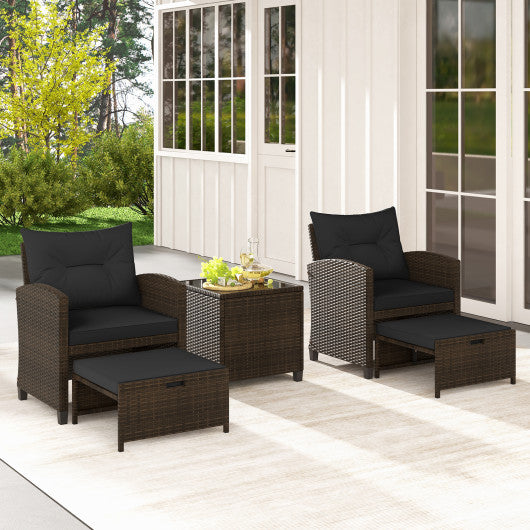 5 Pieces Patio Rattan Furniture with 2 Ottomans and Tempered Glass Coffee Table-Black