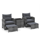 5 Piece Patio Rattan Furniture with 2 Ottomans and Tempered Glass Coffee Table-Gray