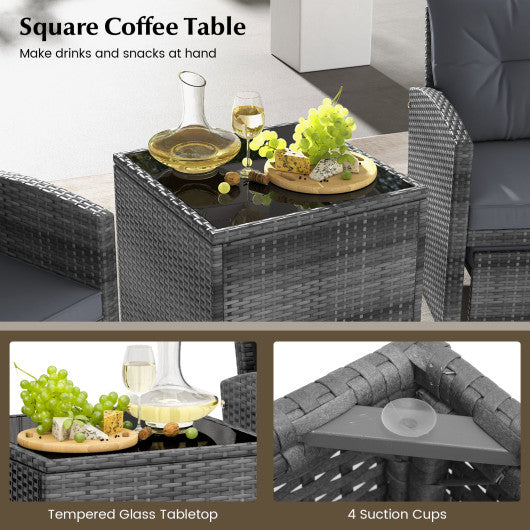 5 Piece Patio Rattan Furniture with 2 Ottomans and Tempered Glass Coffee Table-Gray