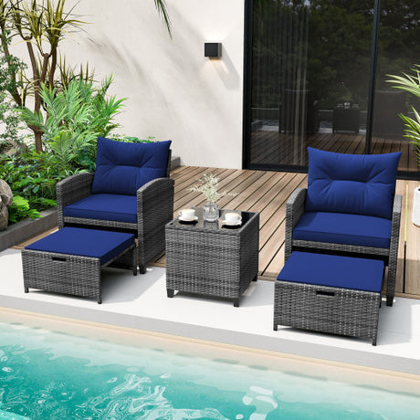 5 Piece Patio Rattan Furniture with 2 Ottomans and Tempered Glass Coffee Table-Navy
