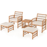 5 Piece Patio Wicker Sofa Set with Seat and Back Cushions-Natural