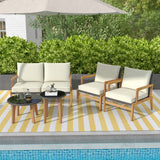5 Piece Rattan Furniture Set Wicker Woven Sofa Set with 2 Tempered Glass Coffee Tables-Off White