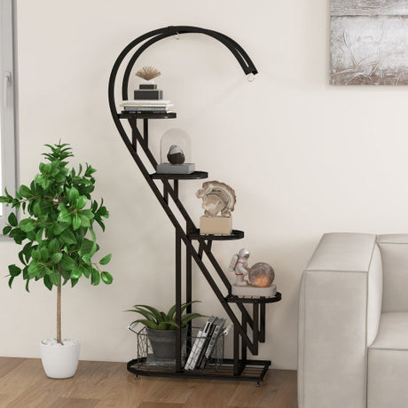 5 Tier Metal Plant Stand with Hanging Hook for Multiple Plants-Black