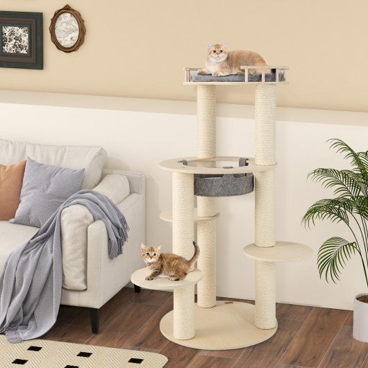 5-level Wooden Cat Tree with Padded Perch Non-woven Hammock-Gray