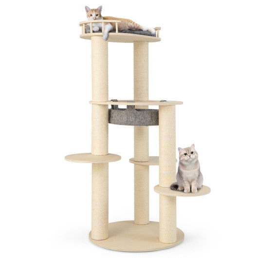 5-level Wooden Cat Tree with Padded Perch Non-woven Hammock-Gray