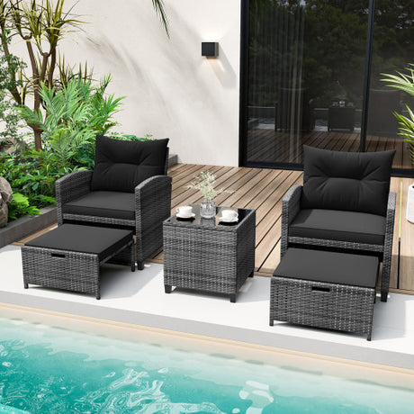 5 Piece Patio Rattan Furniture with 2 Ottomans and Tempered Glass Coffee Table-Black