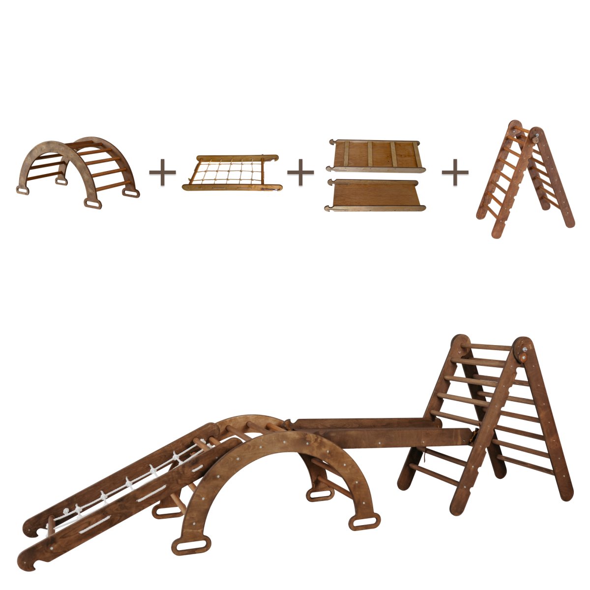 5in1 Montessori Climbing Frame Set: Triangle Ladder + Arch/Rocker + Slide Board/Ramp + Netting rope + Cushion