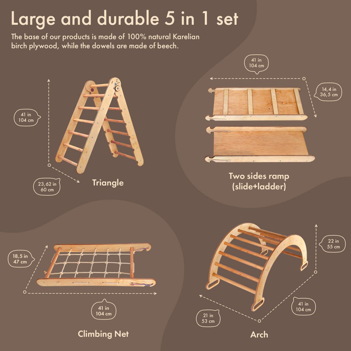 5in1 Montessori Climbing Frame Set: Triangle Ladder + Arch/Rocker + Slide Board/Ramp + Netting rope + Cushion