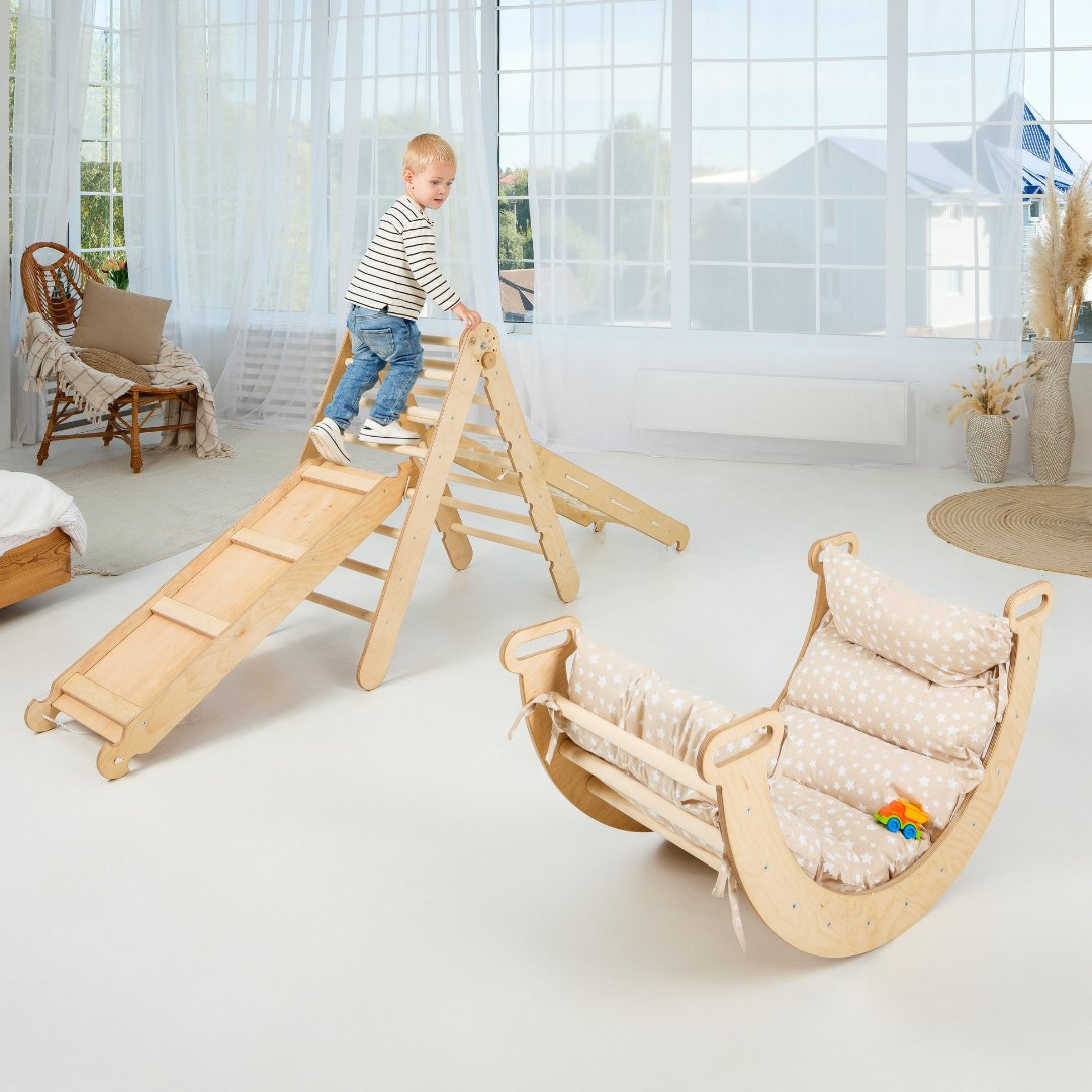 5in1 Montessori Climbing Frame Set: Triangle Ladder + Arch/Rocker + Slide Board/Ramp + Netting rope + Cushion