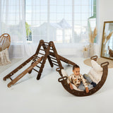 5in1 Montessori Climbing Set: Triangle Ladder + Arch/Rocker + Slide Board/Ramp + Net + Cushion – Chocolate