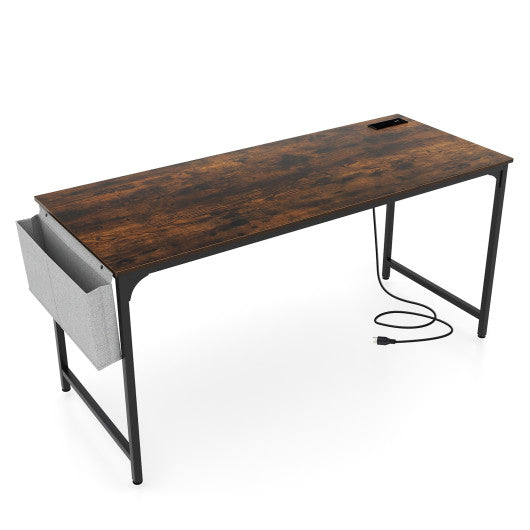 60 Inch Computer Desk with Charging Station Storage Bag-Rustic Brown