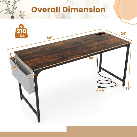 60 Inch Computer Desk with Charging Station Storage Bag-Rustic Brown