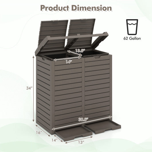 62 Gallon Outdoor Trash Can Waterproof Double Bin with Tiered Lid and Drip Tray-Coffee