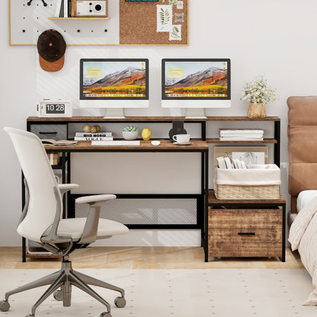 67 Inch Computer Desk with Monitor Stand & File Drawer-Rustic Brown