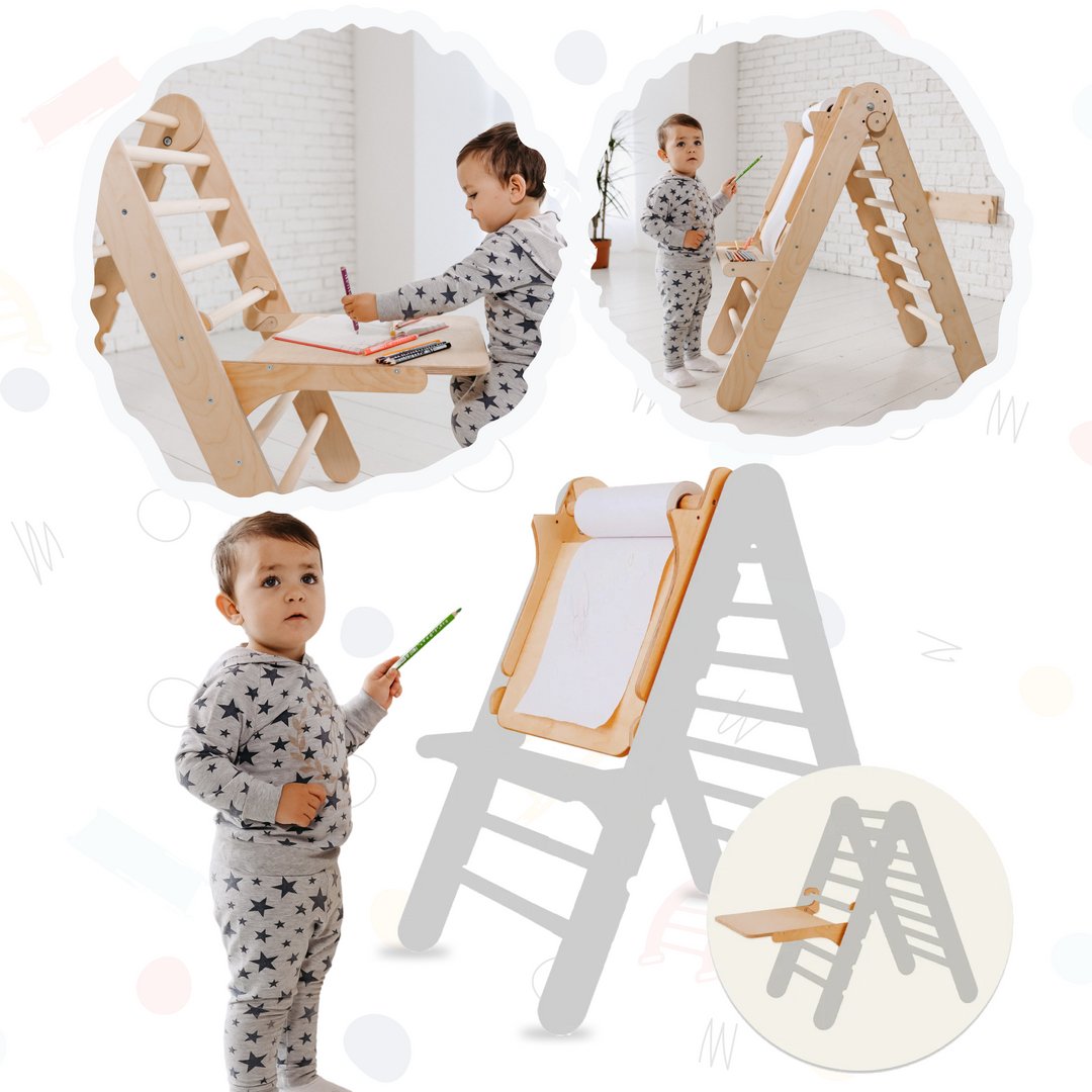 6in1 Montessori Climbing Frame Set: Triangle Ladder + Arch/Rocker + Slide/Ramp + Net + Cushion + Art Addition