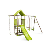 7-in-1 Kids Outdoor Metal Playset with Wave Slide and Climbing Rope-Green