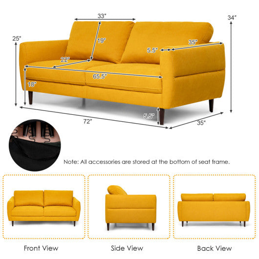 72 Inch Small Fabric Loveseat Sofa Couch with Wood Legs-Yellow