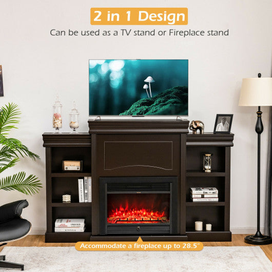 70 Inch Modern Fireplace Media Entertainment Center with Bookcase-Brown