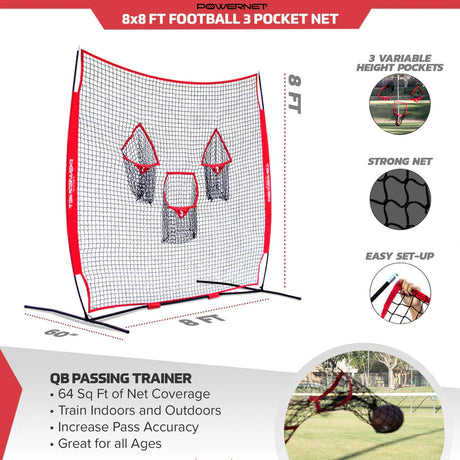 PowerNet Football 3-Pocket QB 8x8 Ft Passer Net, Portable with Easy Setup (1146)