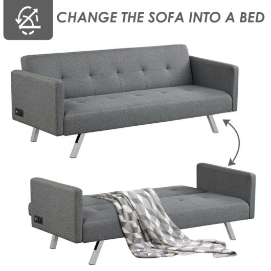 3 Seat Convertible Linen Fabric Futon Sofa with USB and Power Strip-Gray