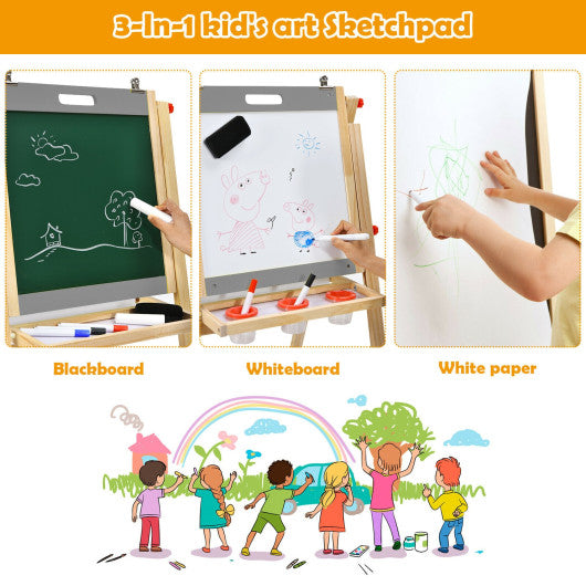 Kids Art Easel with Paper Roll Double Sided Chalkboard and Whiteboard-Gray