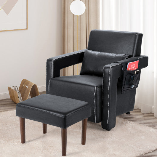 Modern Berber Fleece Single Sofa Chair with Ottoman and Waist Pillow-Black
