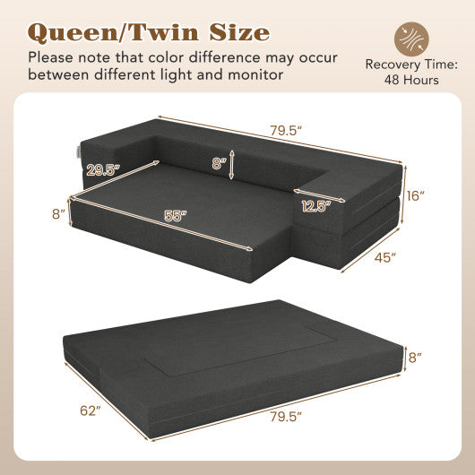 8 Inch Convertible Folding Sofa Bed with Washable Cover-Queen Size