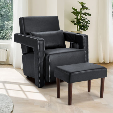 Modern Berber Fleece Single Sofa Chair with Ottoman and Waist Pillow-Black
