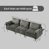 Large 3-Seat Sofa Sectional with Metal Legs and 2 USB Ports for 3-4 people-Silver