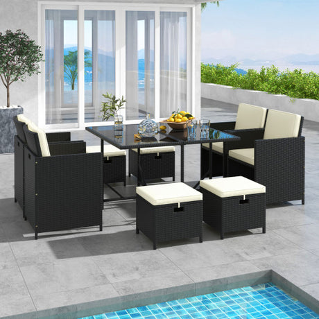 9 PCS Outdoor Dining Furniture Set with Tempered Glass Table and Ottomans-White