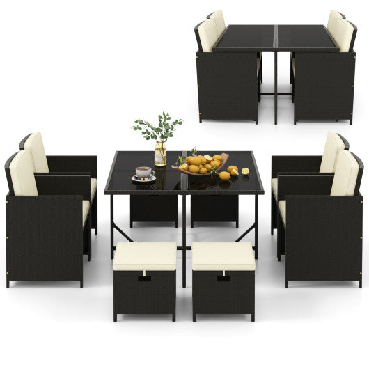 9 PCS Outdoor Dining Furniture Set with Tempered Glass Table and Ottomans-White