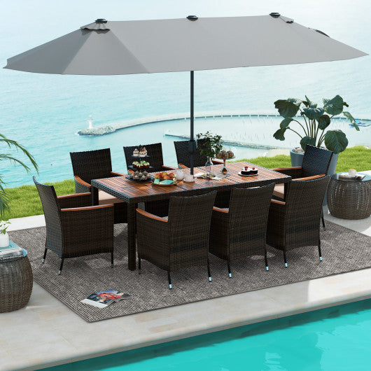 9 Piece Outdoor Dining Set with 15 Feet Double-Sided Twin Patio Umbrella-Gray