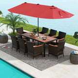 9 Piece Outdoor Dining Set with 15 Feet Double-Sided Twin Patio Umbrella-Red