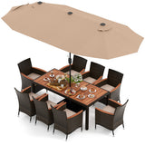 9 Piece Outdoor Dining Set with 15 Feet Double-Sided Twin Patio Umbrella-Brown