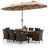 9 Piece Outdoor Dining Set with 15 Feet Double-Sided Twin Patio Umbrella-Brown