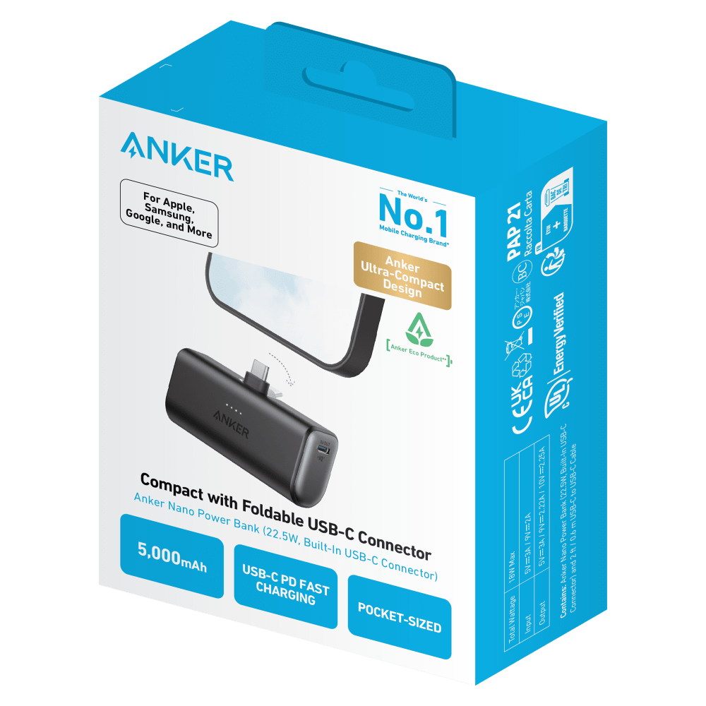 Anker Nano Power Bank with Built-in Foldable USB-C Connector Black by Anker