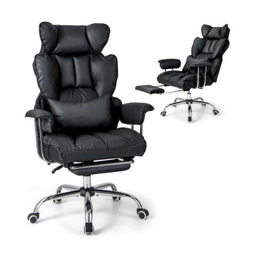 Adjustable Swivel Office Chair with Reclining Backrest and Retractable Footrest-Black