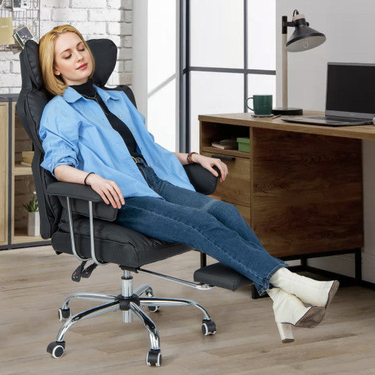 Adjustable Swivel Office Chair with Reclining Backrest and Retractable Footrest-Black